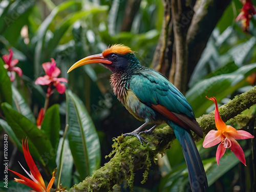 Exotic Paradise Bird in Mid-Song: A paradise bird with elongated, colorful tail feathers perched on a tree branch, its beak wide open in a melodious song, surrounded by tropical blooms. photo