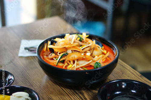 식탁 위에 얼큰한 해물짬뽕이 놓여 있는 모습