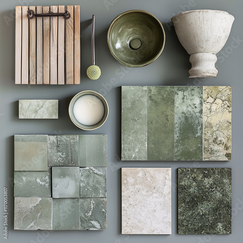 moodboard, matériaux, salle de bains, carrelage, camaieu de vert, design, ardoise rouillée, sol bois clair en forme de pétale