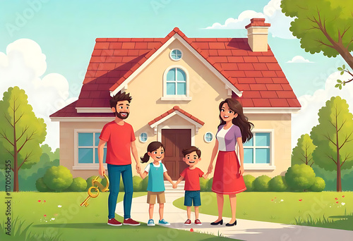 Happy Family with New Home: Vibrant Cartoon Illustration