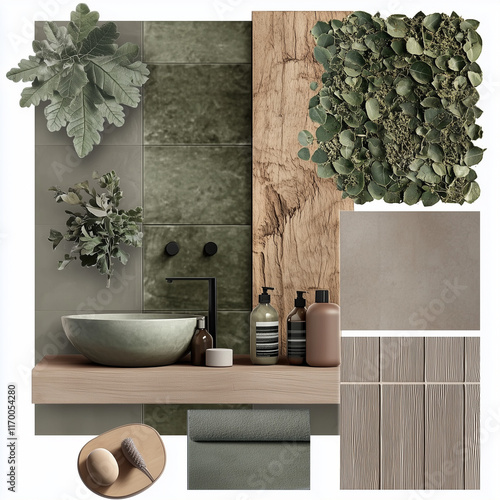 moodboard, matériaux, salle de bains, carrelage, camaieu de vert, design, ardoise rouillée, sol bois clair en forme de pétale