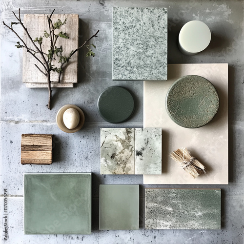 moodboard, matériaux, salle de bains, carrelage, camaieu de vert, design, ardoise rouillée, sol bois clair en forme de pétale