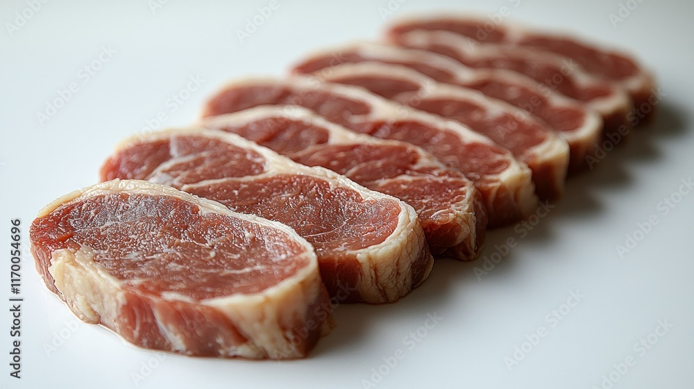 Slices of raw meat arranged on a white surface. Slices of raw meat arranged on a white surface.