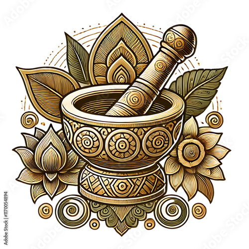 Ornate Mortar and Pestle with Floral Design
