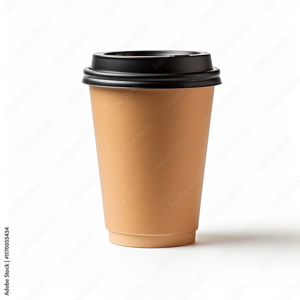 Blank Kraft Coffee Cup for Hot Beverage with Black Lid Set on White Background Perfect for Takeaway Coffee Shops and Catering Photography Blank Kraft Coffee Cup for Hot Beverage with Black Lid Set on White Background Perfect for Takeaway Coffee Shops and Catering Photography
