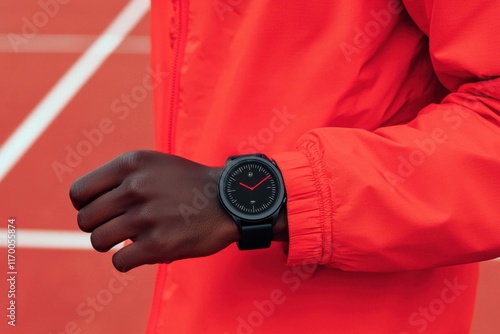 Stylish Black Watch on Wrist of Athlete with Red Jacket on Track