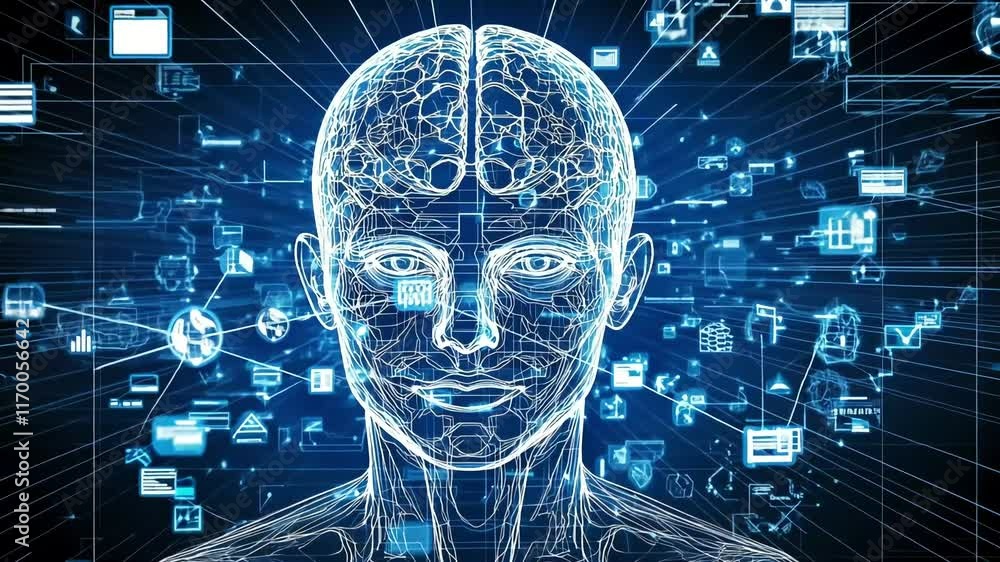 wireframe head with brain details is shown on a digital background, representing artificial intelligence