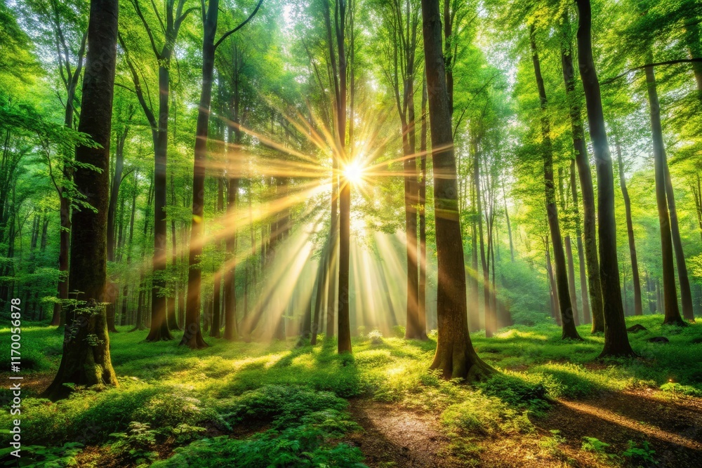 Sun rays illuminate a vibrant green forest; stunning high-resolution nature photography. Sun rays illuminate a vibrant green forest; stunning high-resolution nature photography.