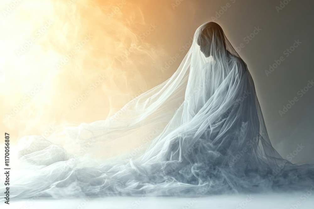 Veiled figure meditating in smoky studio, sunrise backdrop Veiled figure meditating in smoky studio, sunrise backdrop
