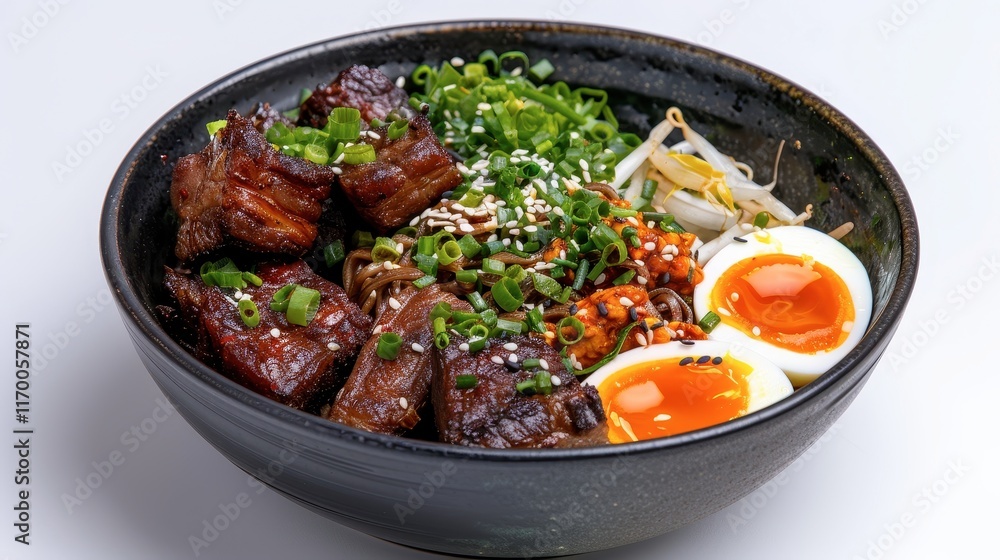 138. Bowl of ramen with pork belly, soft-boiled egg, and scallions, Isolated, White background, Editorial Photography, Studio lighting, Magazine foods style 138. Bowl of ramen with pork belly, soft-boiled egg, and scallions, Isolated, White background, Editorial Photography, Studio lighting, Magazine foods style