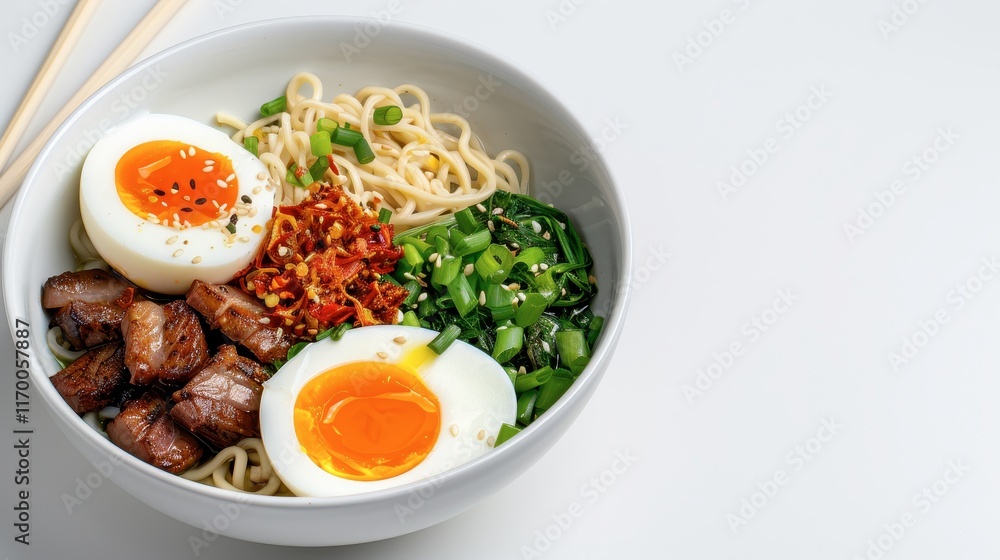 138. Bowl of ramen with pork belly, soft-boiled egg, and scallions, Isolated, White background, Editorial Photography, Studio lighting, Magazine foods style 138. Bowl of ramen with pork belly, soft-boiled egg, and scallions, Isolated, White background, Editorial Photography, Studio lighting, Magazine foods style