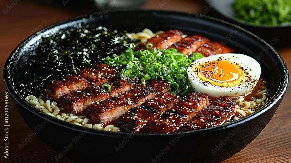 A delicious bowl of ramen with grilled meat and egg. A delicious bowl of ramen with grilled meat and egg.