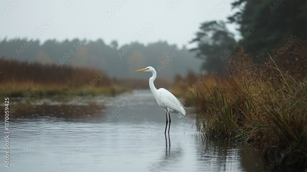 Fototapeta premium Great egret wading in calm river, foggy autumn day.