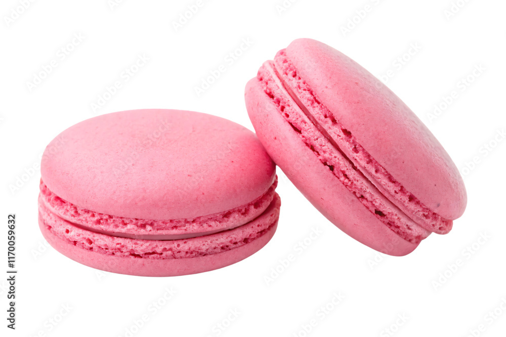 A close-up of pink macarons, highlighting their soft, crumbly texture and creamy filling, placed slightly leaning for a playful arrangement, isolated on a transparent background A close-up of pink macarons, highlighting their soft, crumbly texture and creamy filling, placed slightly leaning for a playful arrangement, isolated on a transparent background