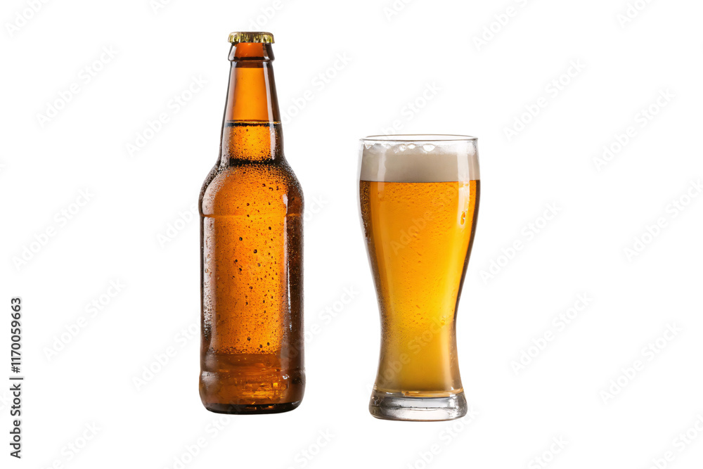 A frosty amber beer bottle paired with a tall, foam-topped glass of golden beer, capturing classic refreshment, isolated on a transparent background A frosty amber beer bottle paired with a tall, foam-topped glass of golden beer, capturing classic refreshment, isolated on a transparent background
