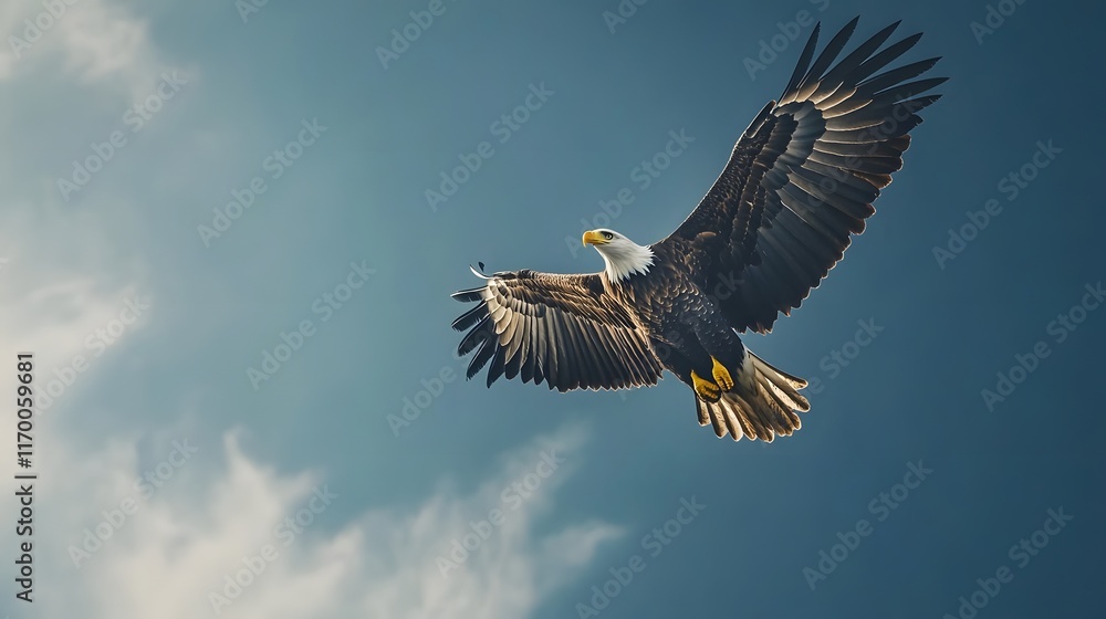Obraz premium Majestic Bald Eagle Soaring Through A Cloudy Sky