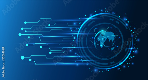 Global network futuristic technology connection concept. Abstract background with world map, electronic circuit board and glowing lines.