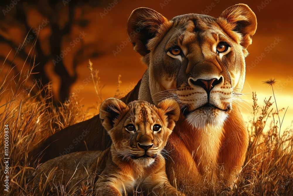 Fototapeta premium Heartwarming representation of a lioness and her playful cub in the wild.