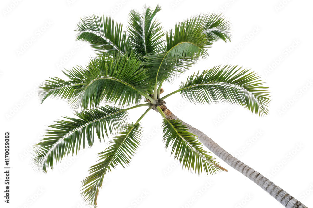 Naklejka premium A lush vibrant green palm tree viewed from the ground, its fronds spreading symmetrically, isolated on a transparent background