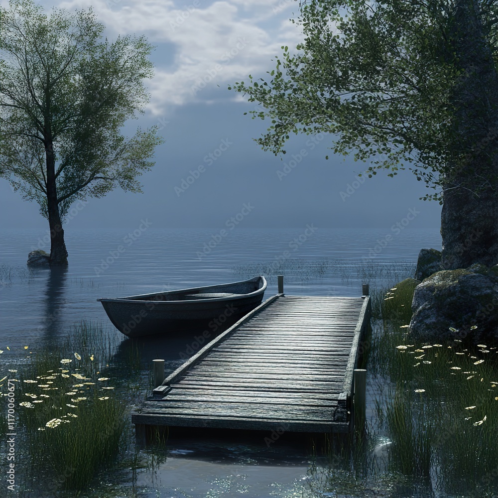 Obraz premium Serene Lake Landscape: Tranquil Boat at Wooden Dock