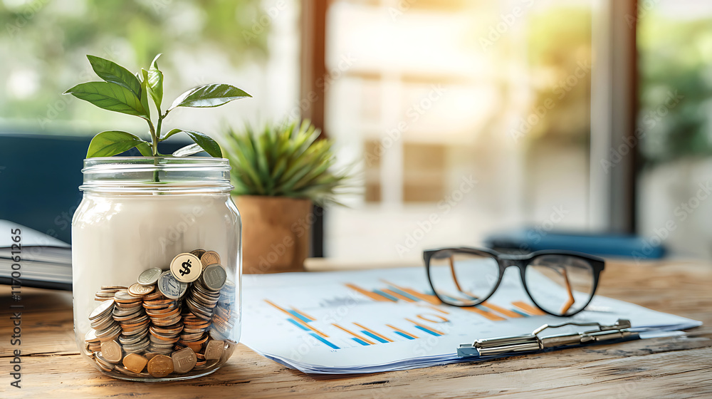 savings jar filled with coins and plant symbolizes financial growth and investment. Nearby, financial charts and glasses enhance workspace savings jar filled with coins and plant symbolizes financial growth and investment. Nearby, financial charts and glasses enhance workspace