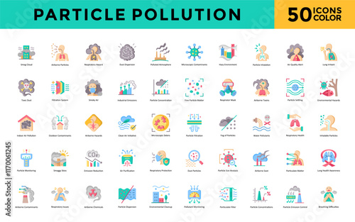 Particle pollution icon set with smog cloud, airborne particles, respiratory hazard, dust dispersion, polluted atmosphere, microscopic contaminants, hazy environment icon. Simple flat color vector 
