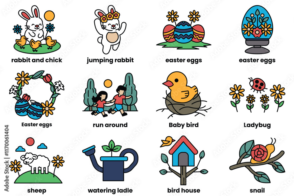 Fototapeta premium Set of illustrations in Easter concept in line drawing style