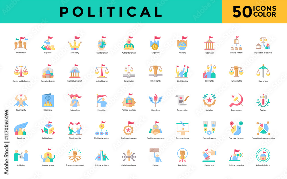 Fototapeta Political icon set with democracy, republic, monarchy, totalitarianism, authoritarianism, oligarchy, anarchy, federalism, unitary system, separation of powers icon. Simple flat color vector 
