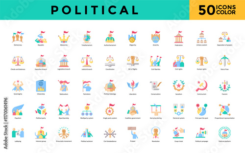 Political icon set with democracy, republic, monarchy, totalitarianism, authoritarianism, oligarchy, anarchy, federalism, unitary system, separation of powers icon. Simple flat color vector 
