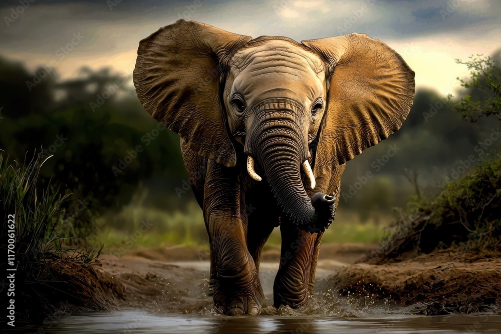 Fototapeta premium Explore the beauty of an African elephant through captivating digital illustration.