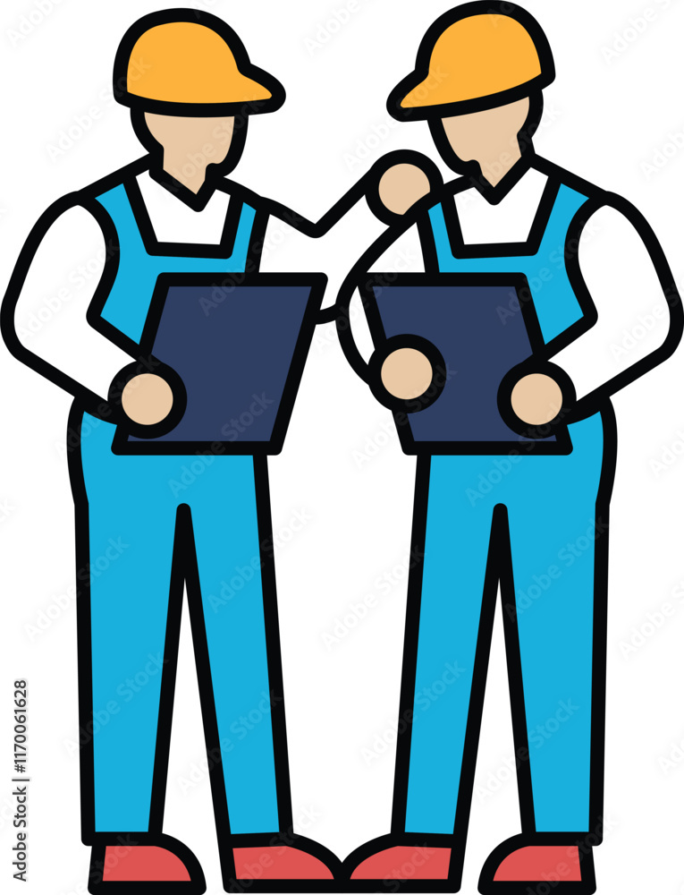 Two men in blue work clothes are holding papers and looking at each other Two men in blue work clothes are holding papers and looking at each other