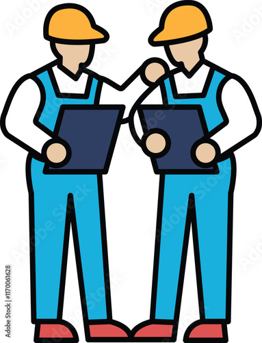 Two men in blue work clothes are holding papers and looking at each other
