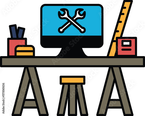 A computer desk with a monitor, ruler, and a pair of wrenches