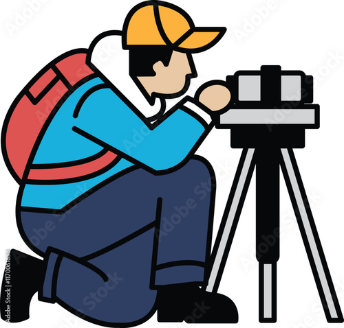 A man is crouching down and looking at a camera