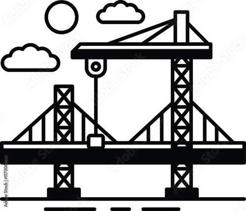 A large crane is lifting a large object over a bridge