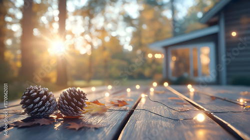 Autumnal scene two pine cones and fall leaves on a wooden deck with string lights, blurred background of a house and forest at sunset.