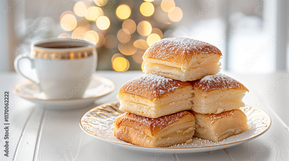 Plate of powdered sugar beignets with coffee on festive morning Plate of powdered sugar beignets with coffee on festive morning