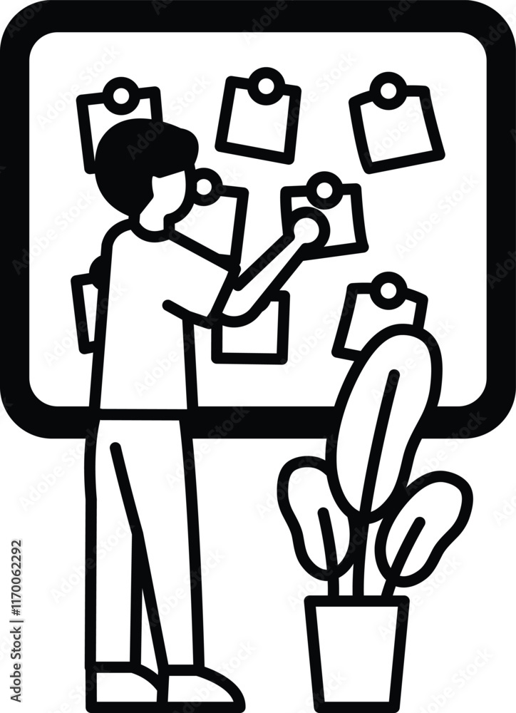 A man is putting up notes on a board A man is putting up notes on a board