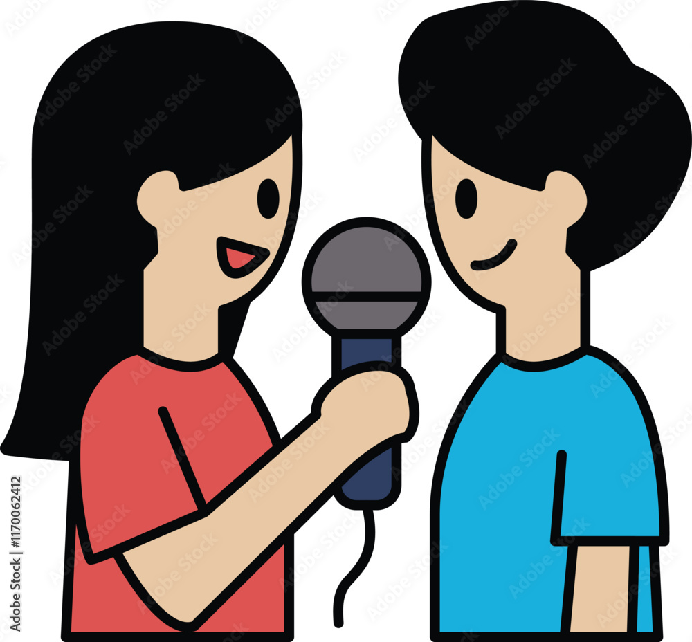 Fototapeta premium Two cartoon characters are holding microphones and smiling