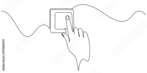 continuous line drawing of hand touching switch.one line drawing of hand turning off and on light with switch.single line vector illustration.isolated white background
