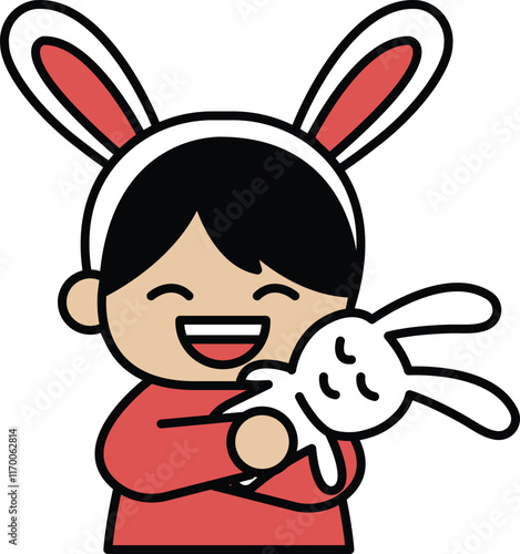 A cartoon of a boy wearing a rabbit costume holding a rabbit