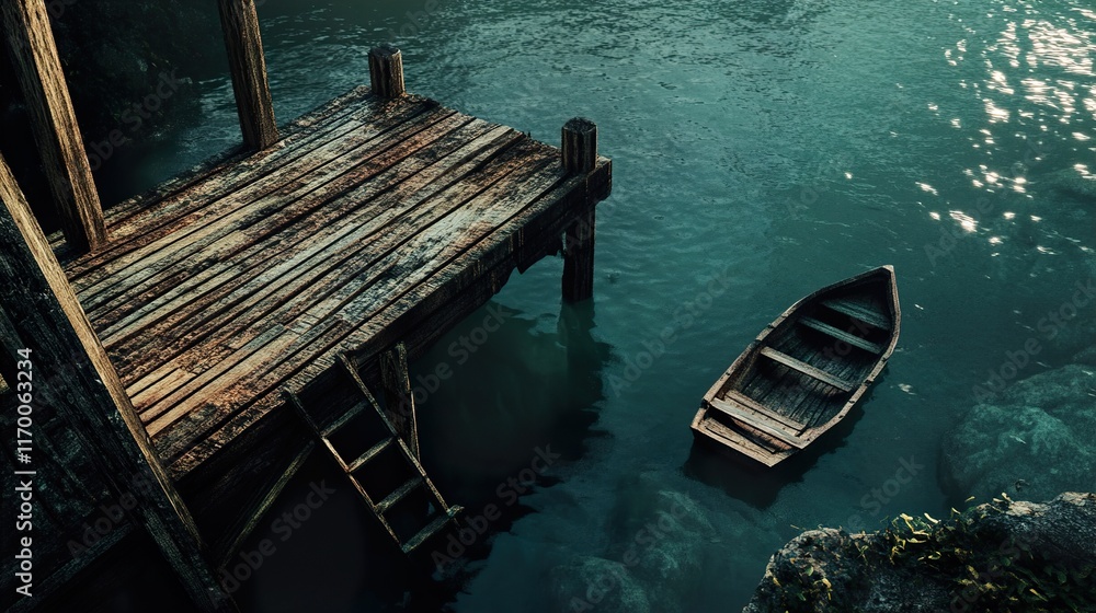 Secluded Wooden Boat Dock on a Calm Lake Secluded Wooden Boat Dock on a Calm Lake