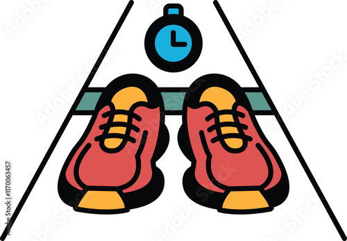 A pair of red running shoes are on a white track with a clock in the background