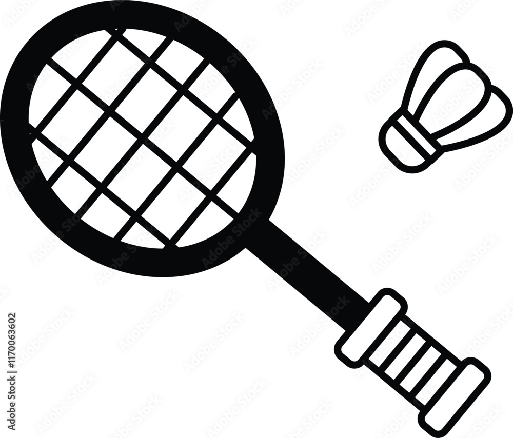 A tennis racket and a shuttlecock are shown in a black and white drawing A tennis racket and a shuttlecock are shown in a black and white drawing