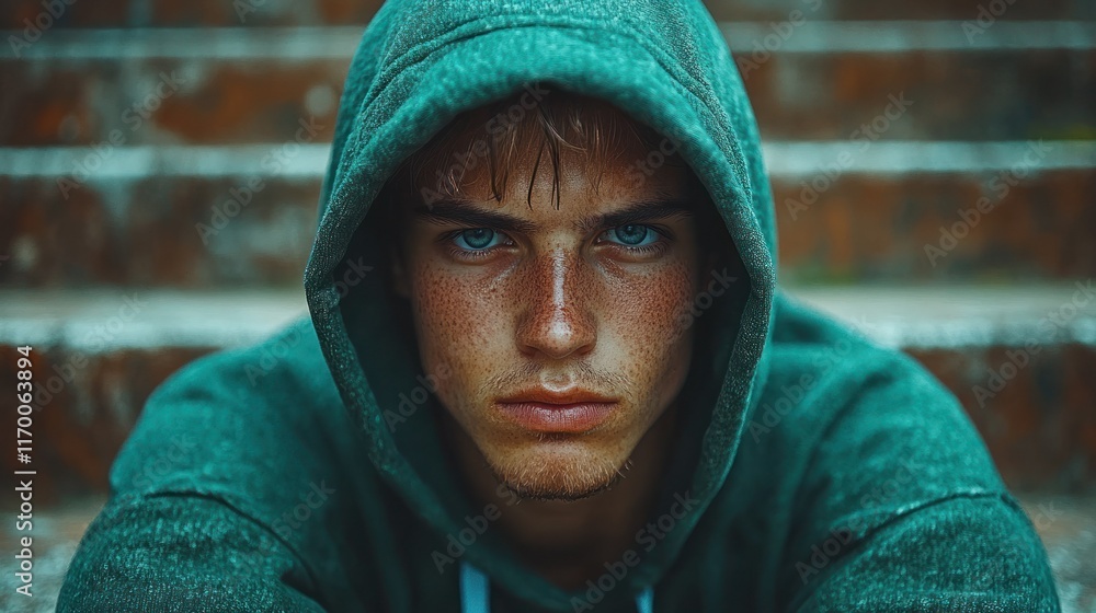 Portrait of a young man in a hoodie, intense expression. Portrait of a young man in a hoodie, intense expression.