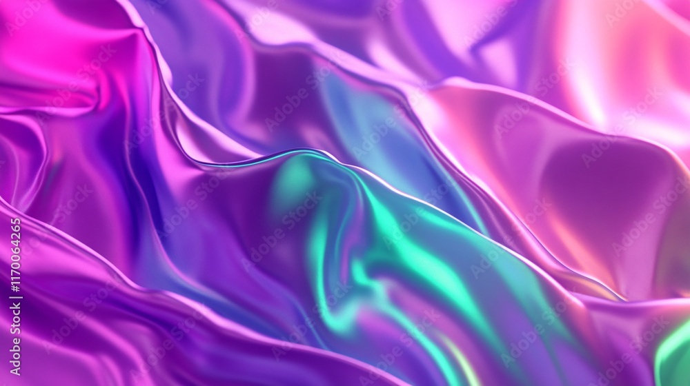 Obraz premium Vibrant Flowing Silk Fabric with Iridescent Hues Reflecting Light in Shades of Purple, Pink, and Green, Creating an Elegant and Dreamy Atmosphere for Textile Background