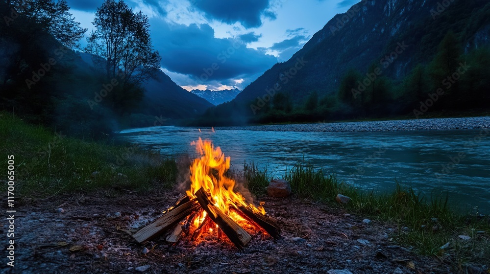 Campfire burning brightly on riverbank at dusk, mountains in background.