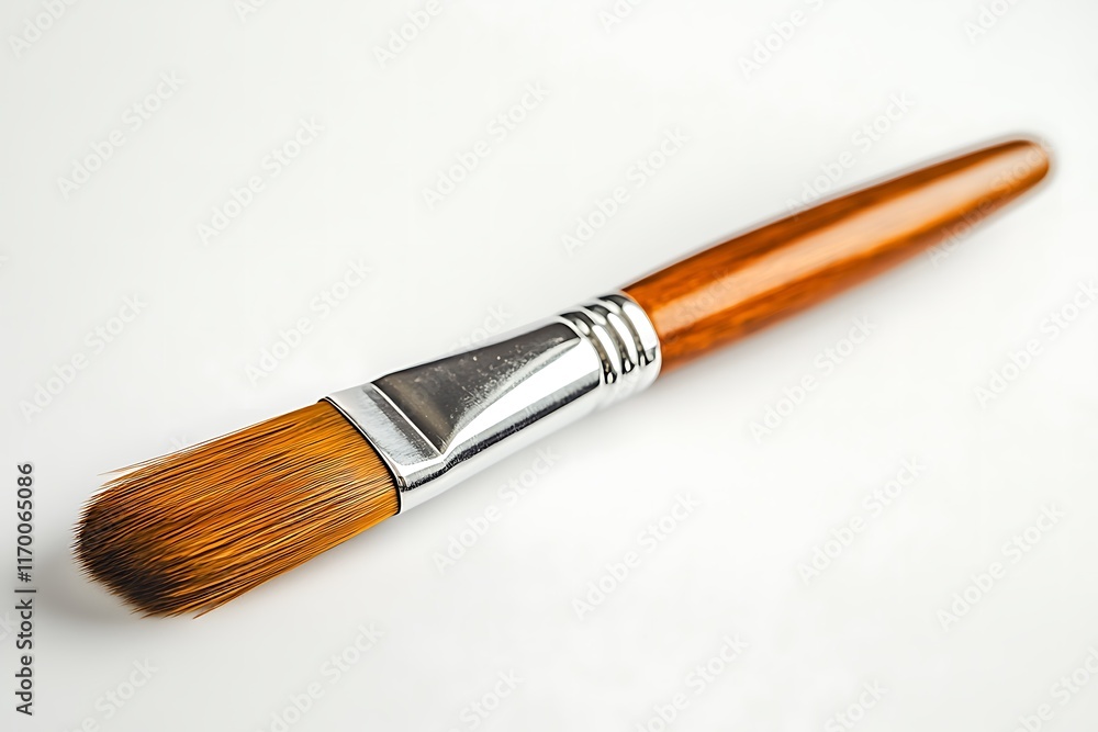 A paintbrush with a wooden handle, designed for artistic painting. A paintbrush with a wooden handle, designed for artistic painting.