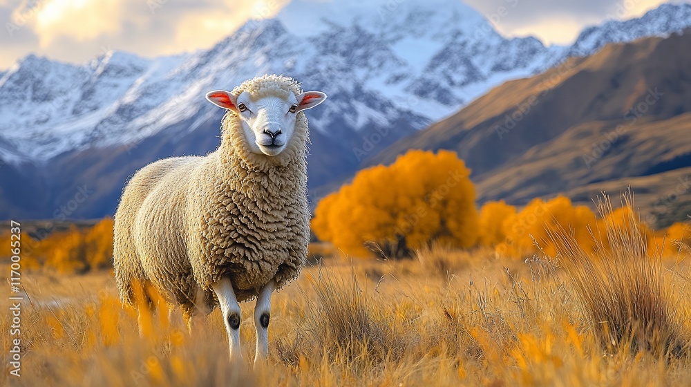Fototapeta premium Sheep Standing in Autumn Field Mountain Background