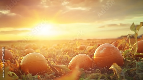 Pumpkins gleam golden at sunset in autumn field photo